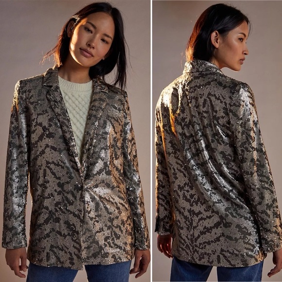 Anthropologie Maeve Jordyn Sequined Blazer Medium jacket black champagne long - Picture 1 of 13